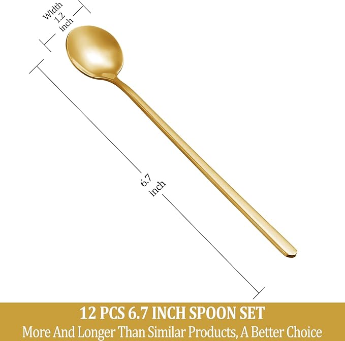 12 Pcs Coffee Spoons Set, 6.7" Gold Tea Spoons Long Handle, Stainless Steel - Image 2