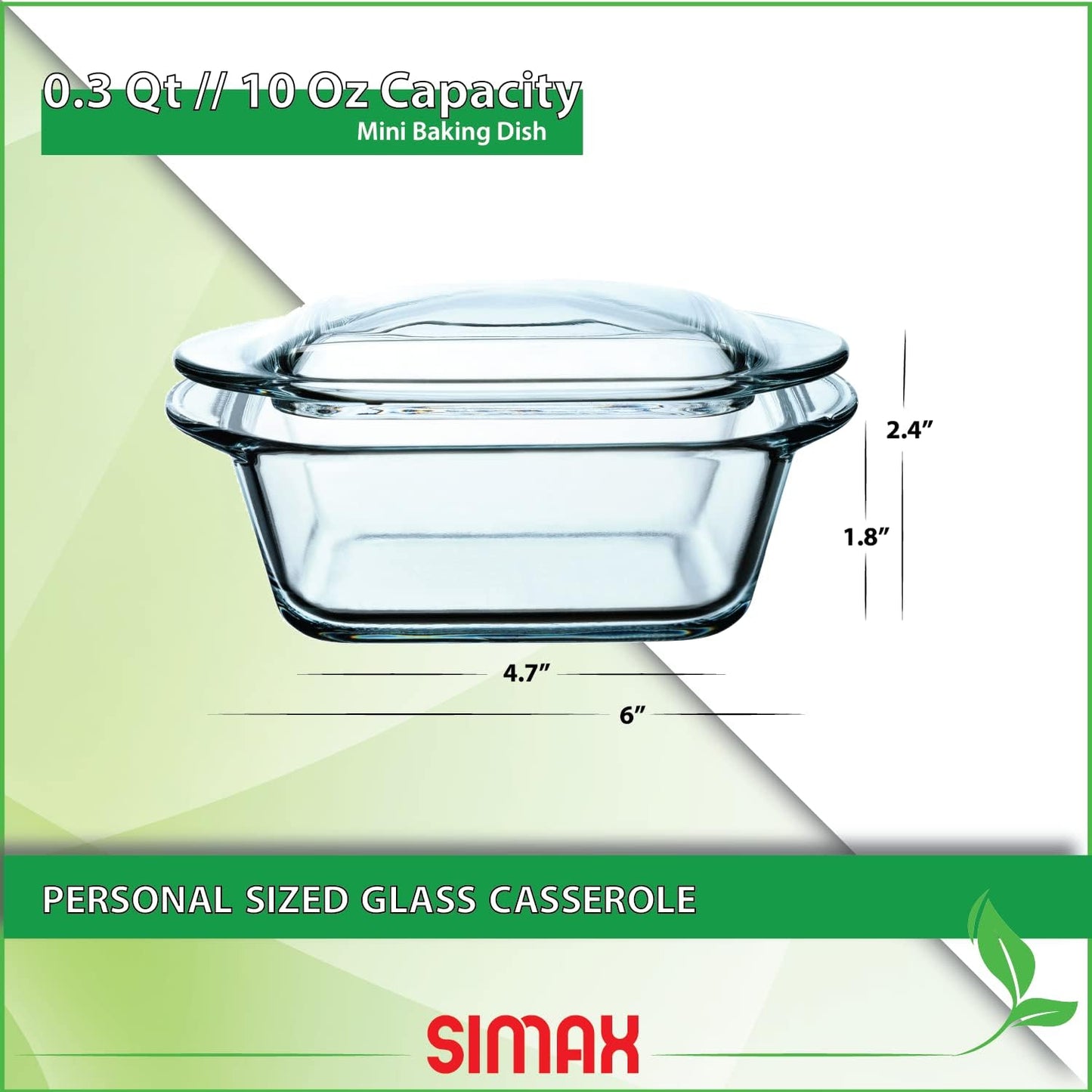 Simax Casserole Dish For Oven, 10 Ounce Mini Glass Baking Dish With Lid, Small, Personal Sized Bakeware and Cookware, Great for Storage, Microwave, Oven, And Dishwasher Safe Borosilicate Glass Dish