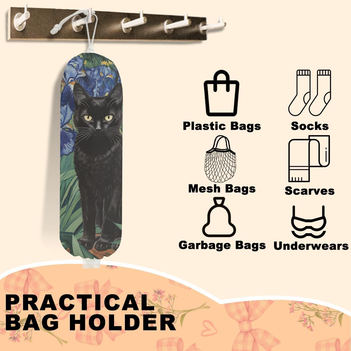Mysterious Cat Plastic Bag Holder, Wall Mount Plastic Bag Holders for Grocery Bags, Vibrant Floral Washable Grocery Bags Storage Dispenser for Home Kitchen Decor, Cat Lover Gifts for Women