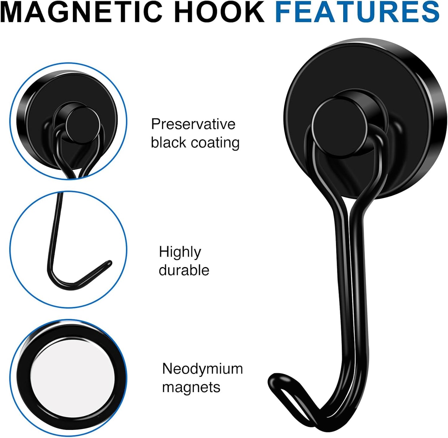 LOVIMAG Hooks, 40lbs+ Magnetic Magnet Hook 2025 Cruise Cabin Ship Essentials Heavy Duty Strong Refrigerator Fridge Hanging for Classroom Beach Vacation Kitchen Grills Home Mug Hanger (6 Pack), Black