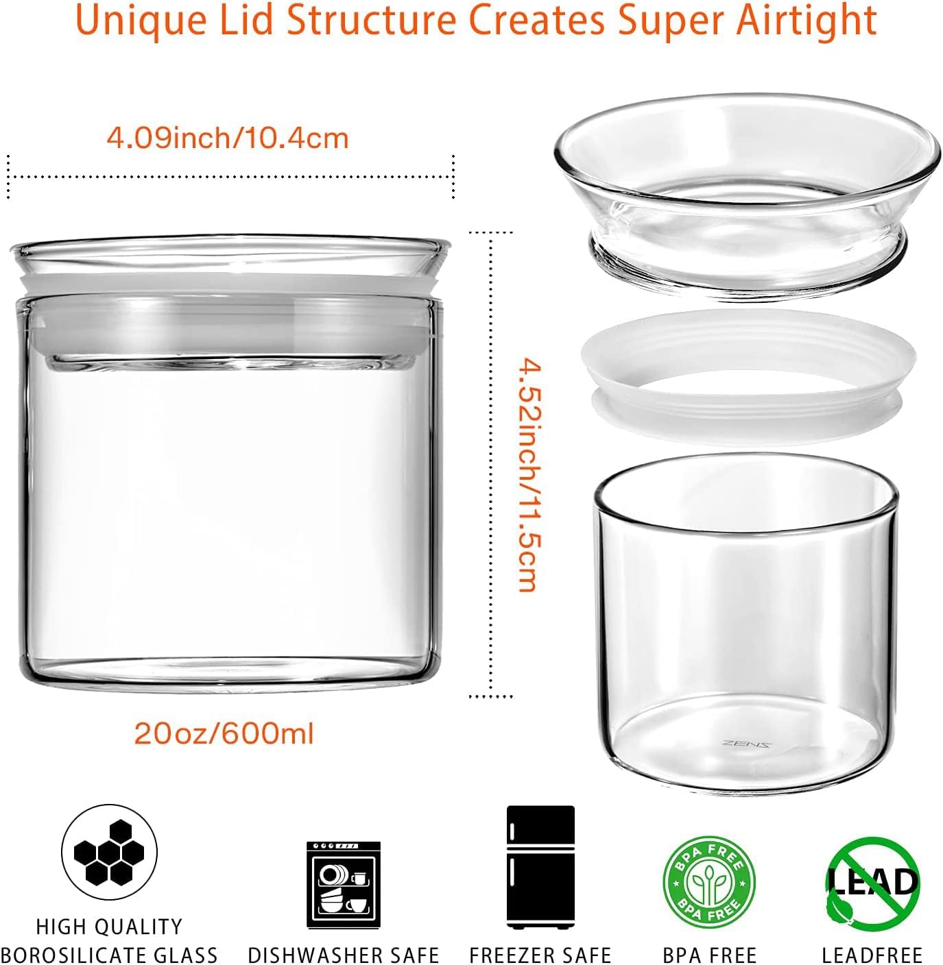 ZENS 17oz Glass Food Storage Jars Set of 6, Clear Glass Canisters Set with Airtight Lids, Small Storge Container jar for Kitchen Spice, Sugar Container, Blooming Tea, Snacks