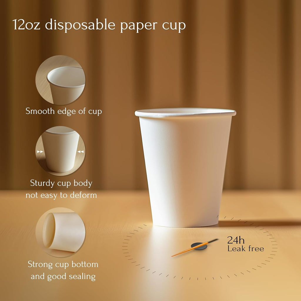 Paper Coffee Cups, 12 OZ Disposable Hot and Cold Cups, Leak-Proof White Cups for Coffee, Tea, Ideal for Home, Office, and Events (100 Count)