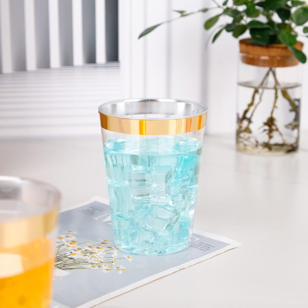 I00000 200 Pack Gold Plastic Cups, 10 oz Clear Plastic Cups Gold Rimmed Disposable Wine Glasses Fancy Disposable Party Cups Wedding Cups Drinking Tumblers Plastic Cocktail Glasses with Gold Rim