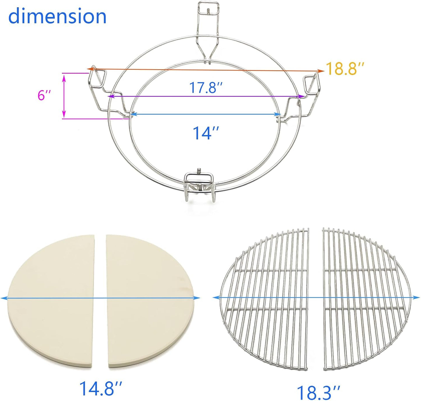 Multi-Level Cooking Grates with Ceramic Heat Deflectors, System Kit for Large Big Green Egg, BGE Kamado Joe Classic, Char-Griller Akorn 18" Charcoal Grill