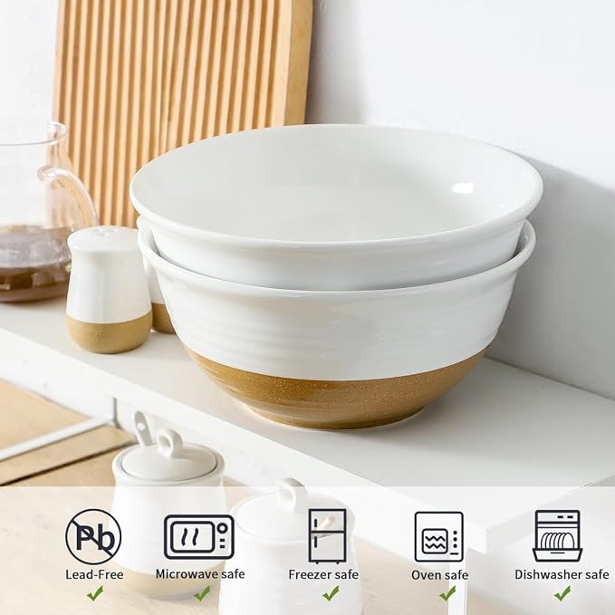 HASENSE Large Ceramic Serving Bowls Set of 2, 84 Oz 9 Inch White & Terracotta - Image 4