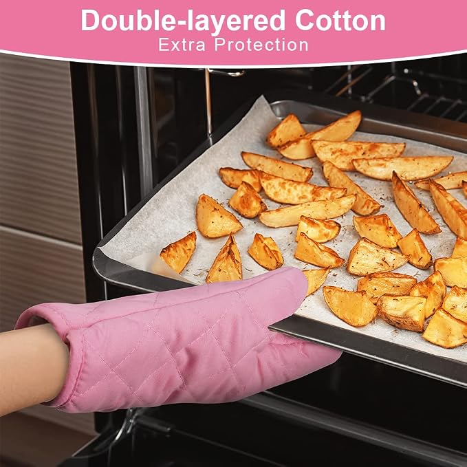 AUAUY Pink Oven Mitts, 1 Pair Kitchen Mittens, 392°F Heat Resistant Oven Gloves - Image 3