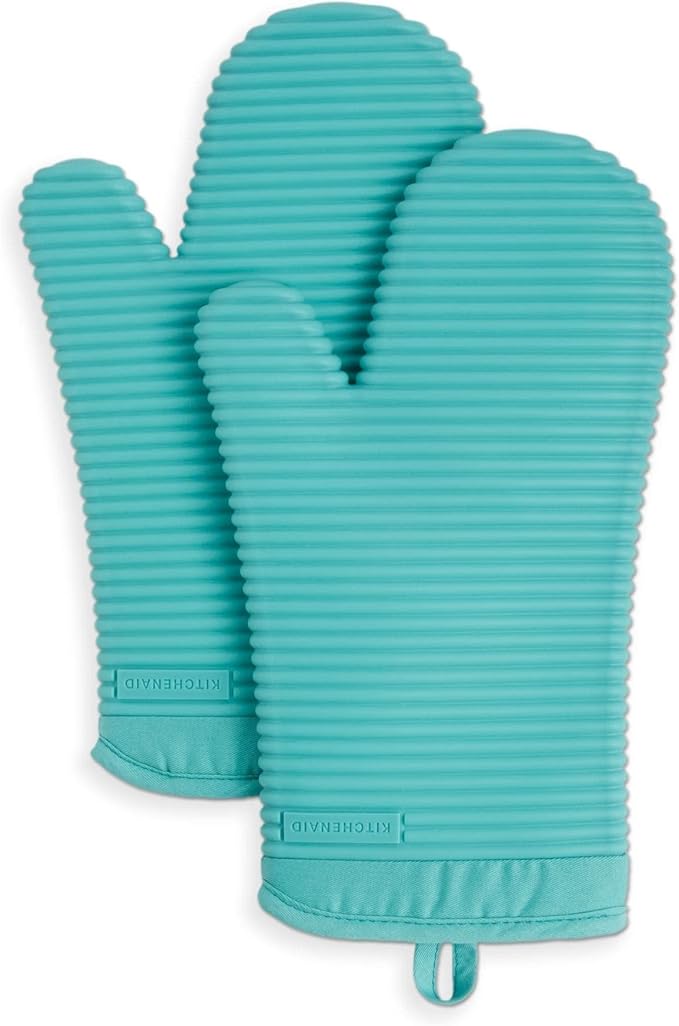 KITCHENAID Ribbed Soft Silicone Oven Mitt 2-Pack Set, Aqua Sky by KitchenAid