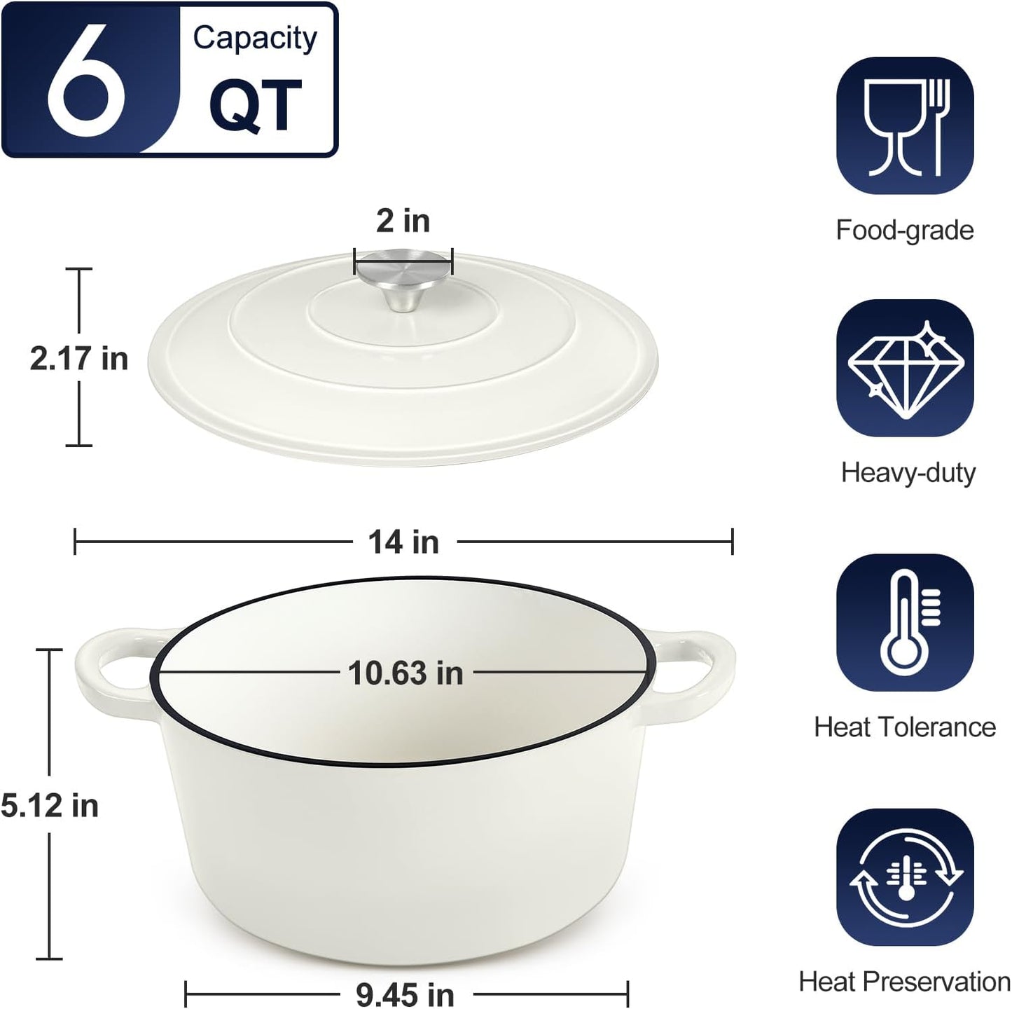 P&P CHEF 6QT Enameled Dutch Oven, Cast Iron Dutch Oven Pot with Lid for Bread Baking, Enameled Casserole Pot for Roasting Braising Stewing Frying Simmering, Various Stoves & Easy Clean, White