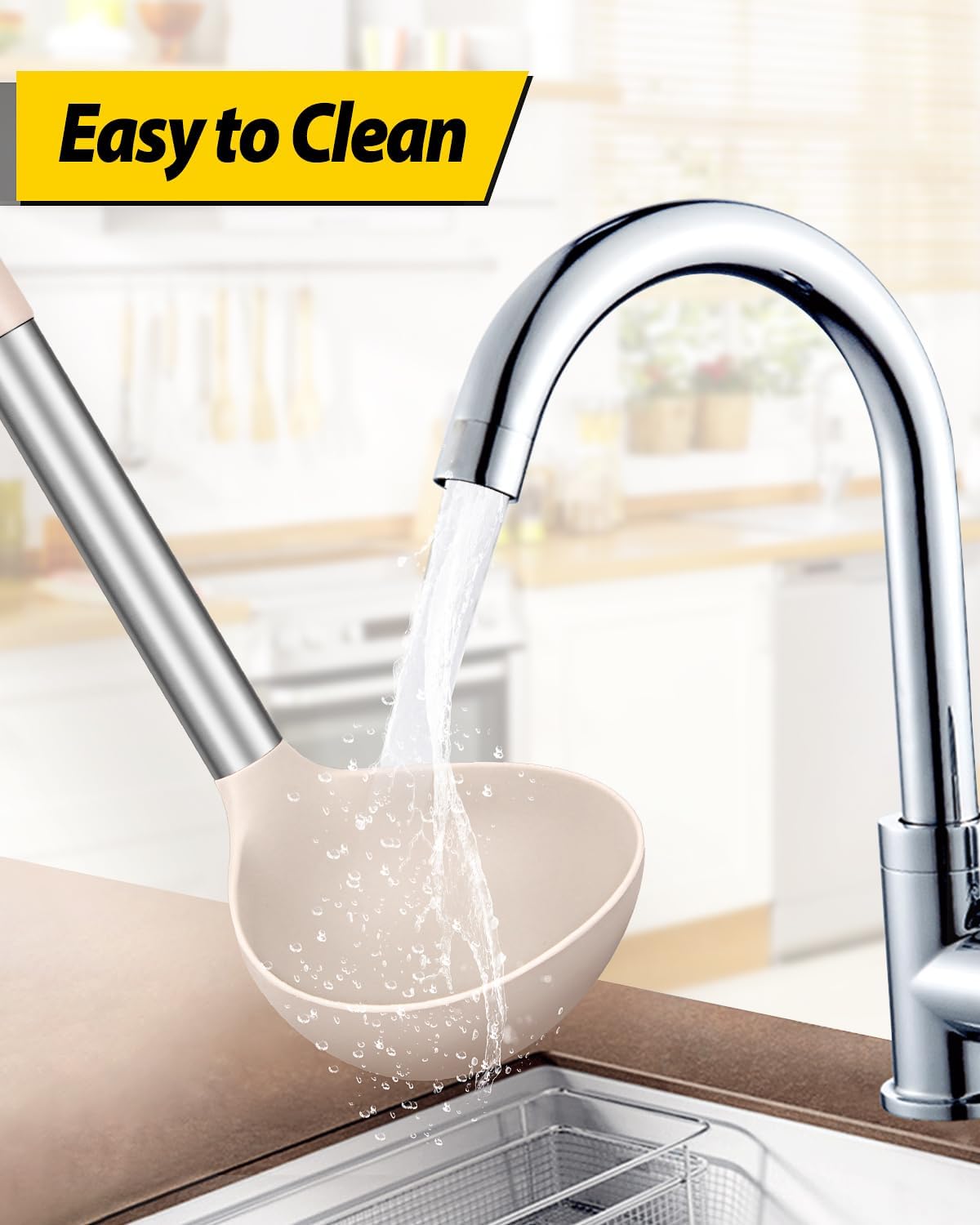 Pack of 2 Ladle Spoon,Silicone Large Spoon for Soup,Non Stick Kitchen Utensils with High Heat Resistant,BPA Free Perfect Kitchen Tools for Cooking, Stirring,Serving Soups (BLACK-KHAKI)