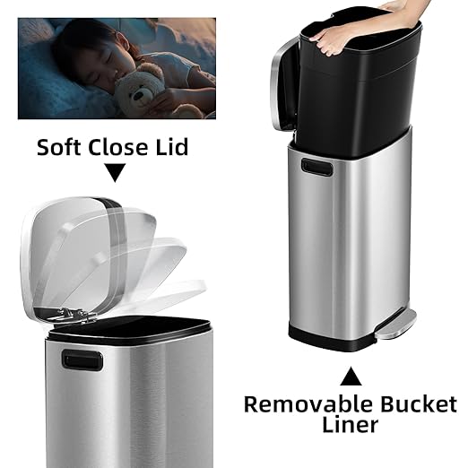KdbK 13 Gallon Trash Can with Lid, 50L Fingerprint Proof Stainless Steel - Image 3