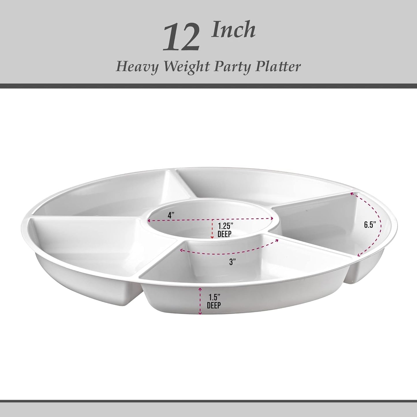 Plasticpro 6 Sectional Round Plastic Serving Tray/Platter (8, White)