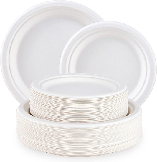 ECOLipak 120 Pack Compostable Paper Plates, 9 inch and 7 inch Heavy Duty Disposable Paper Plates, Eco friendly Sugarcane Biodegradable for Party Dinner Birthday