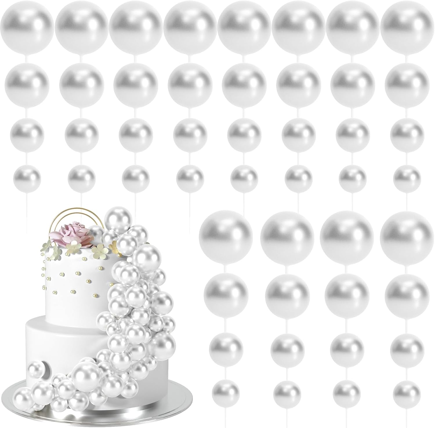 48 Pcs Silver Balls Cake Topper Decorations Balloon Cupcake Toppers Foam Cake Topper Balls Cake Balls Decorations for Birthday Party Wedding Anniversary Cake Decorating