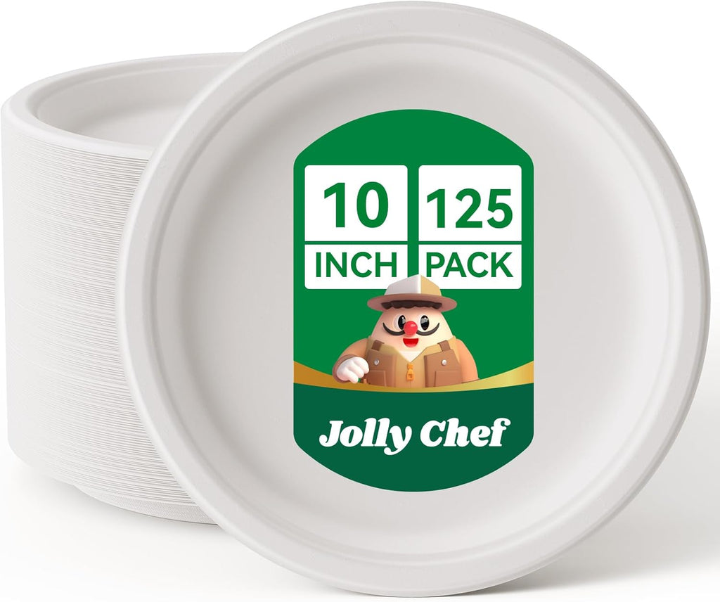 JOLLY CHEF Compostable Heavy Duty Plates 𝟭𝟬 𝗜𝗻𝗰𝗵 [𝟭𝟮𝟱 𝗣𝗮𝗰𝗸] Eco-Friendly Disposable White Paper Plates Made of Bagasse Biodegradable Bulk for Party Dinner Sugarcane Fibers Round 125 Count