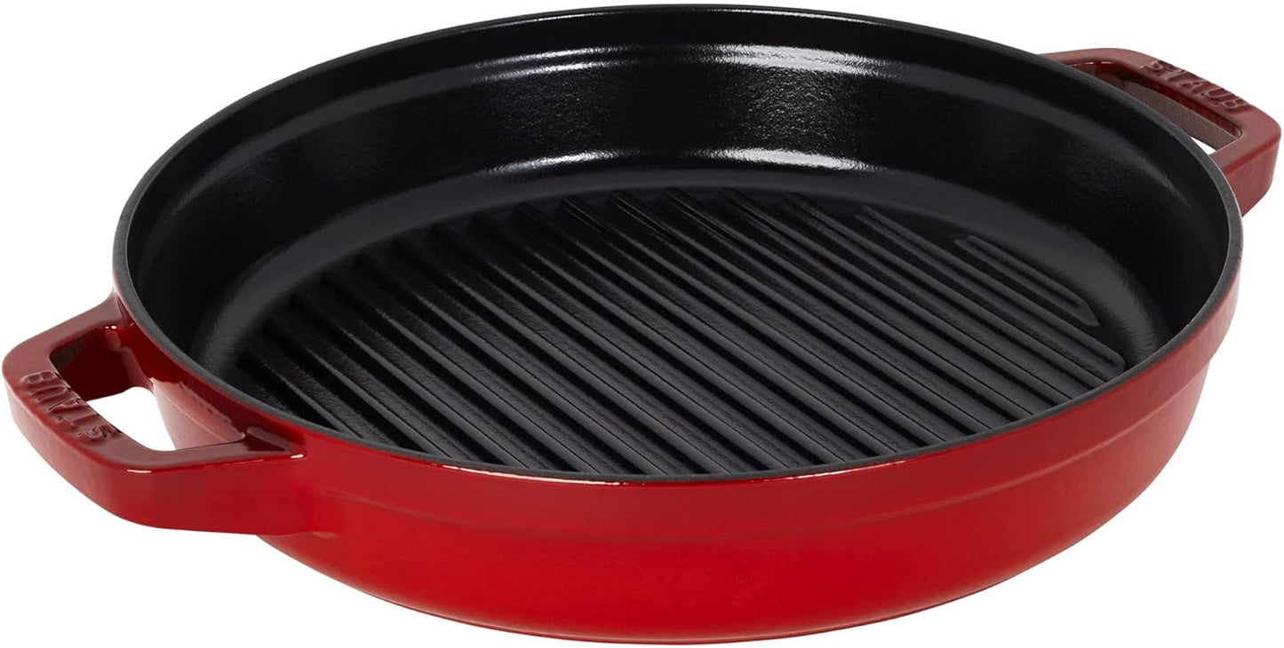 STAUB Cast Iron Set 4-pc, Stackable Space-Saving Cookware Set, Dutch Oven, Skillet, Grill Pan with Universal Lid, Made in France, Cherry