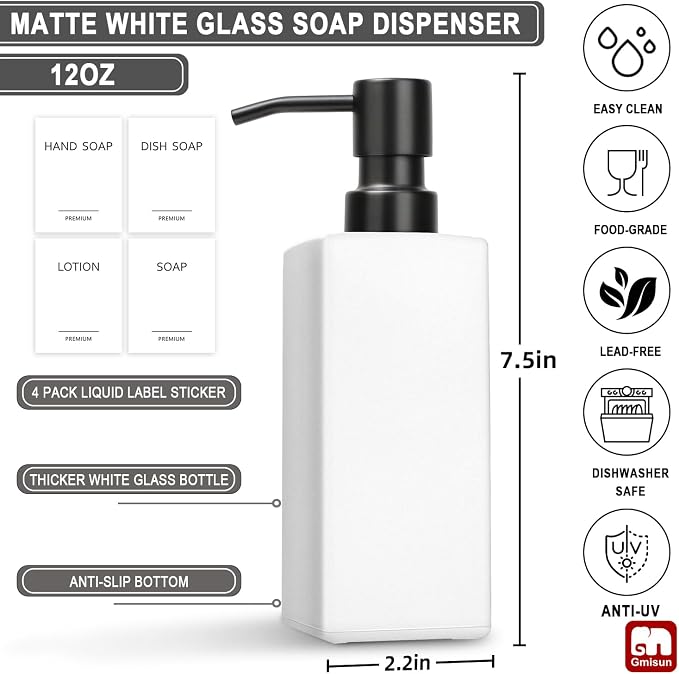 GMISUN White Soap Dispenser, Bathroom Hand Soap Dispenser, Glass Dispenser - Image 2