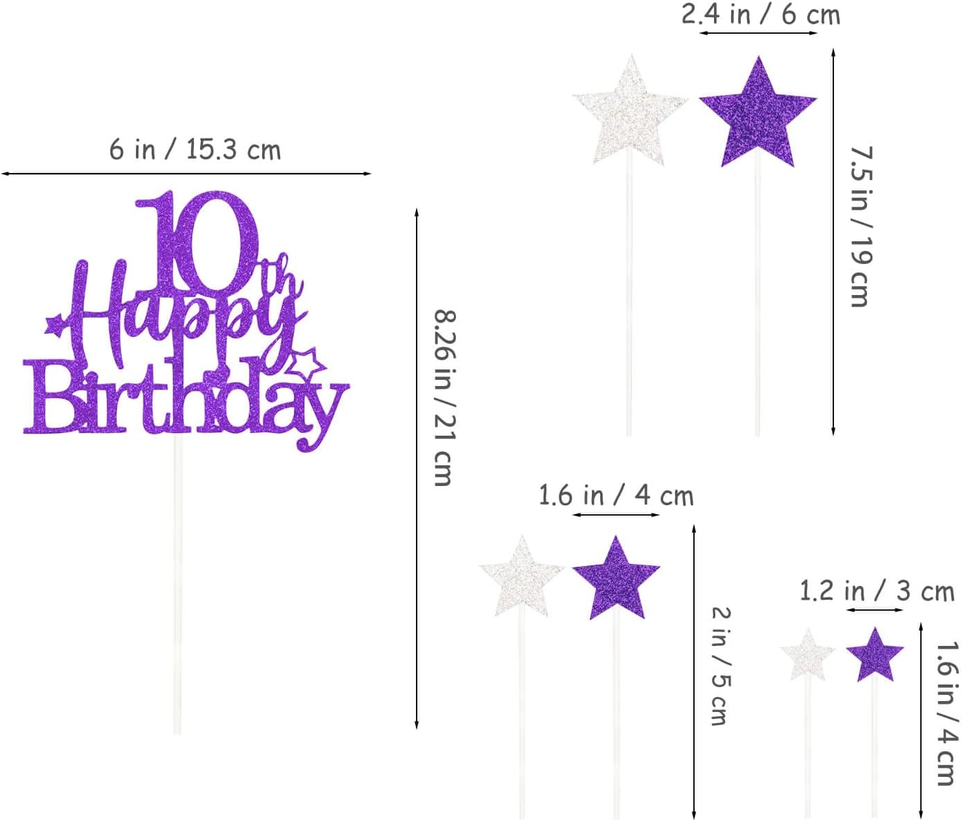 Glittery 10th Happy Birthday Cake Topper with Star,Personalised 10 Birthday Cake Toppers Party Decorations Party Supplies for Boys Girls Purple Silver