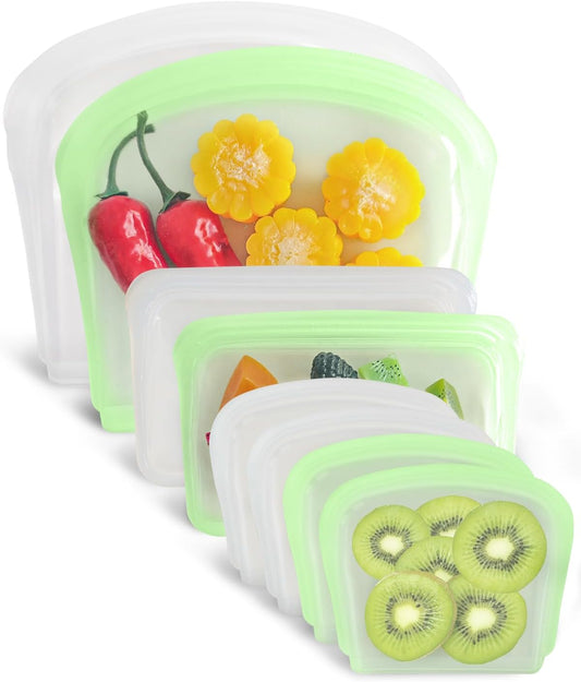 Reusable Silicone Storage Bag, 8Pack Pocket, Snack, and Sandwich Bag, Endurables Seal-Top Silicone Bags for Food Storage, Freezer, Microwave, Oven, Dishwasher Safe (Clear & Mint Green)