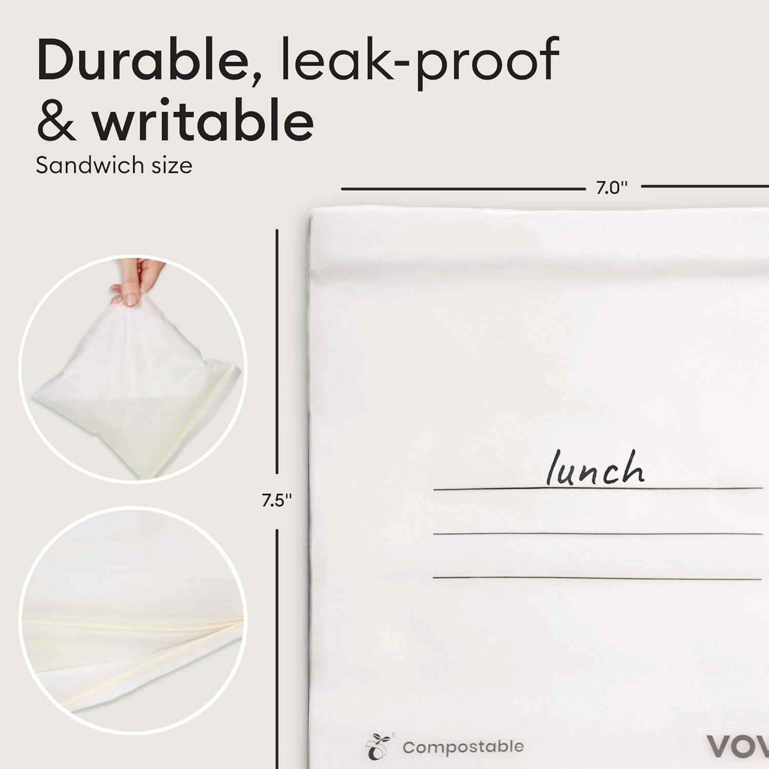 Vove Compostable Sandwich Bags, Medium 30 Count – Freezer Safe, Leak Proof, Non Toxic, Writable Surface for School Lunches & Meal Prep, Eco-Friendly