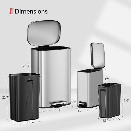 13 Gallon Trash Can and 1.6 Gallon Kitchen Trash Can Combo Set, Stainless Steel - Image 6