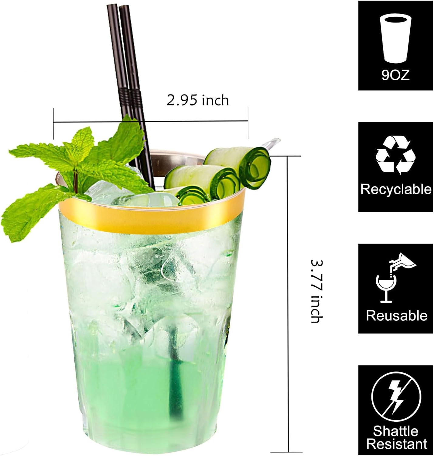 I00000 200 Pack Gold Plastic Cups, 10 oz Clear Plastic Cups Gold Rimmed Disposable Wine Glasses Fancy Disposable Party Cups Wedding Cups Drinking Tumblers Plastic Cocktail Glasses with Gold Rim