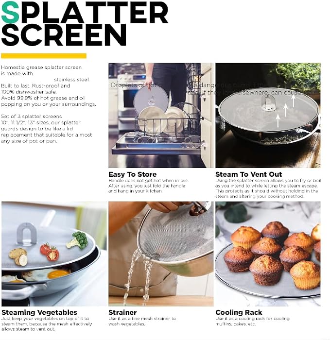 Homestia Splatter Screen for Kitchen, Stainless Steel Fine Mesh Splatter Screen - Image 4