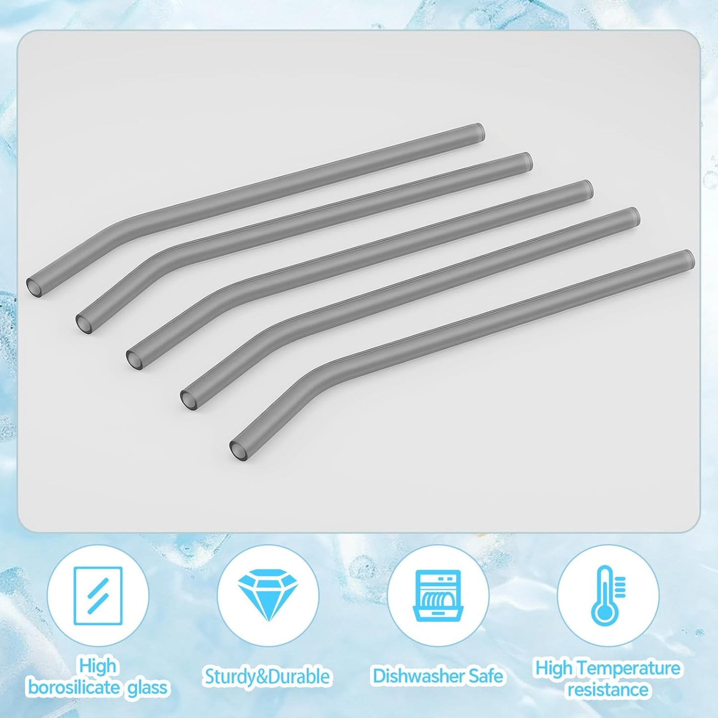 12 Pcs Reusable Glass Straws 8"x 8 mm Bent Glass Drinking Straws with Cleaning Brush for Tea, Smoothies, Milkshakes, Juices,Beverages(smoky gray)
