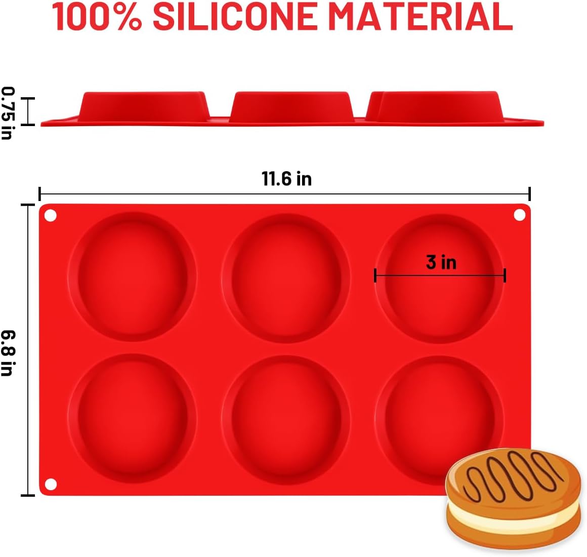 CAKETIME Muffin Top Pan, Silicone Molds for Breakfast Sandwiches, English Muffins, Whoopie Pies, Corn Bread, Egg Bites, Tarts - 2 Pack Red