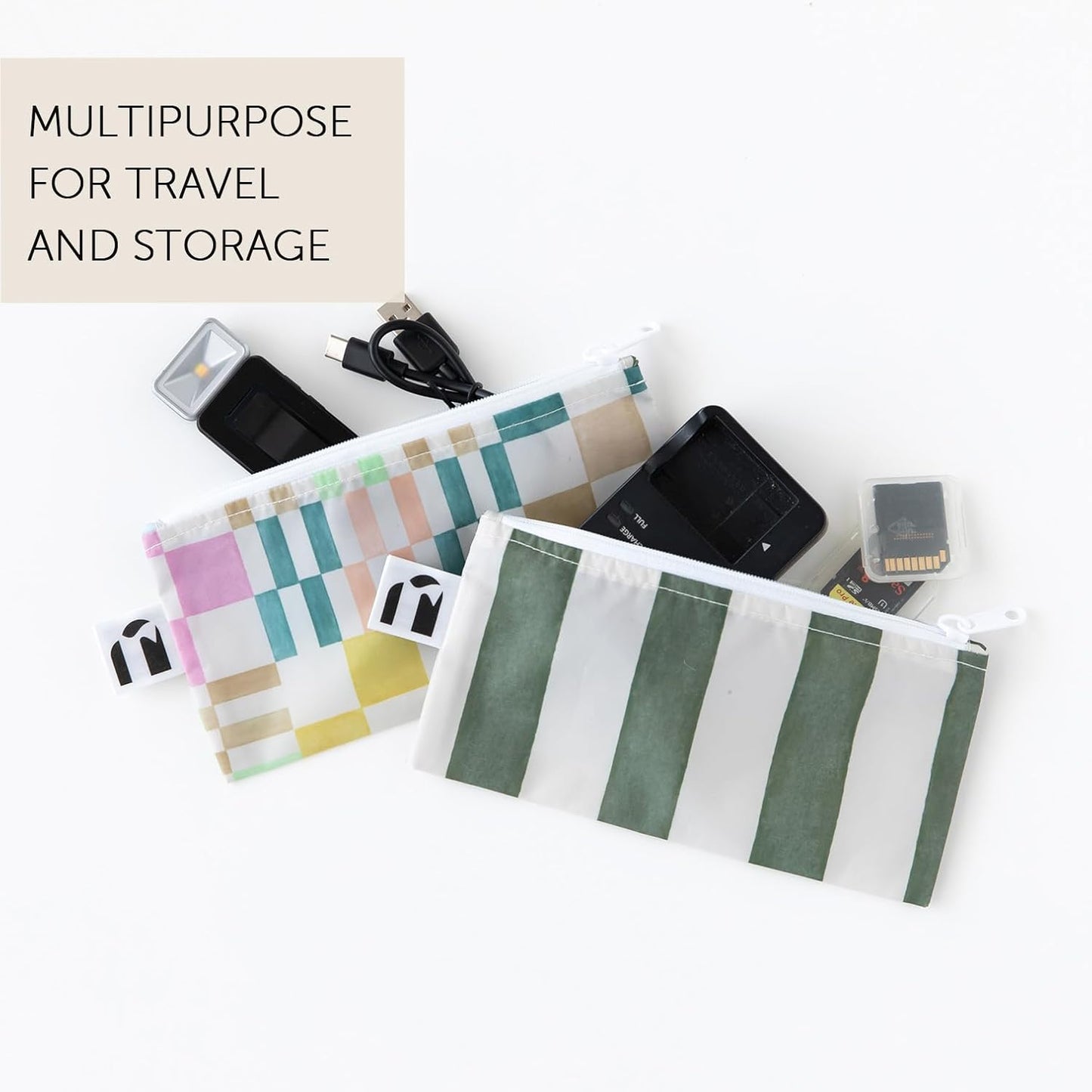 Roamio Reusable Sandwich and Snack Bags, for Kids School Lunch and for Adults Portion, Washable Fabric, Waterproof Cloth Zip Bag, Pack Travel Pouch, Food-Safe, 4-pack Set Green Stripe and Multi Check