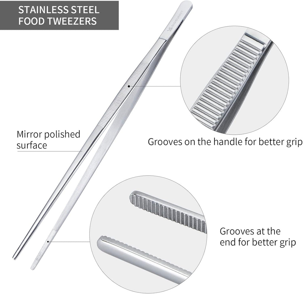 12 Inch Kitchen Tweezers Fine Tweezer Tongs, MSY BIGSUNNY Stainless Steel Food Tweezers Multi-function Precision Serrated Tips Cooking Tongs Kitchen Serving Tong