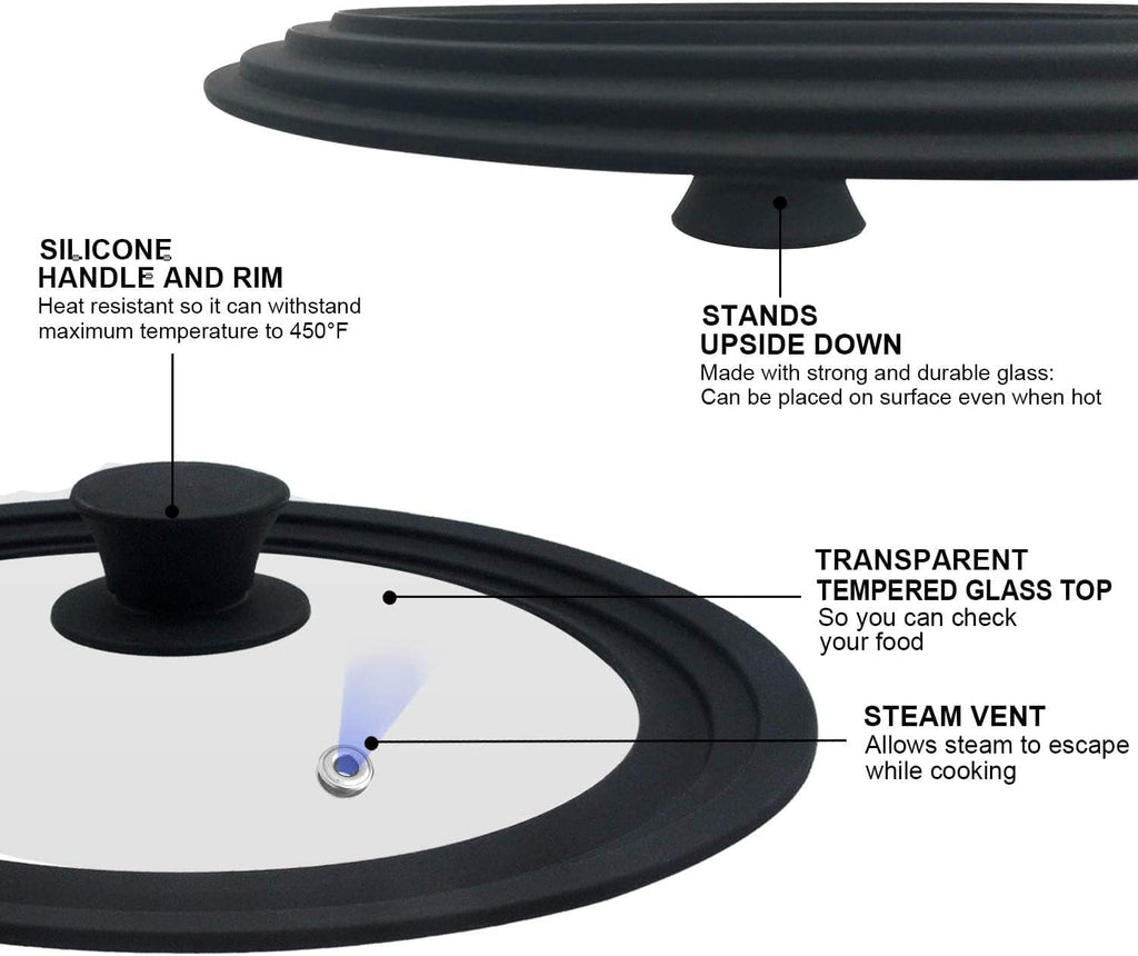Universal Lid for Pots, Pans and Skillets - Tempered Glass with Heat Resistant Silicone Rim, Fits 10", 11" and 12" Diameter Cookware, Round
