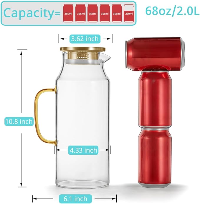 Bivvclaz 2 Pack 2 Liter 68 oz 2.1 Qt Gold Glass Pitcher - Image 2