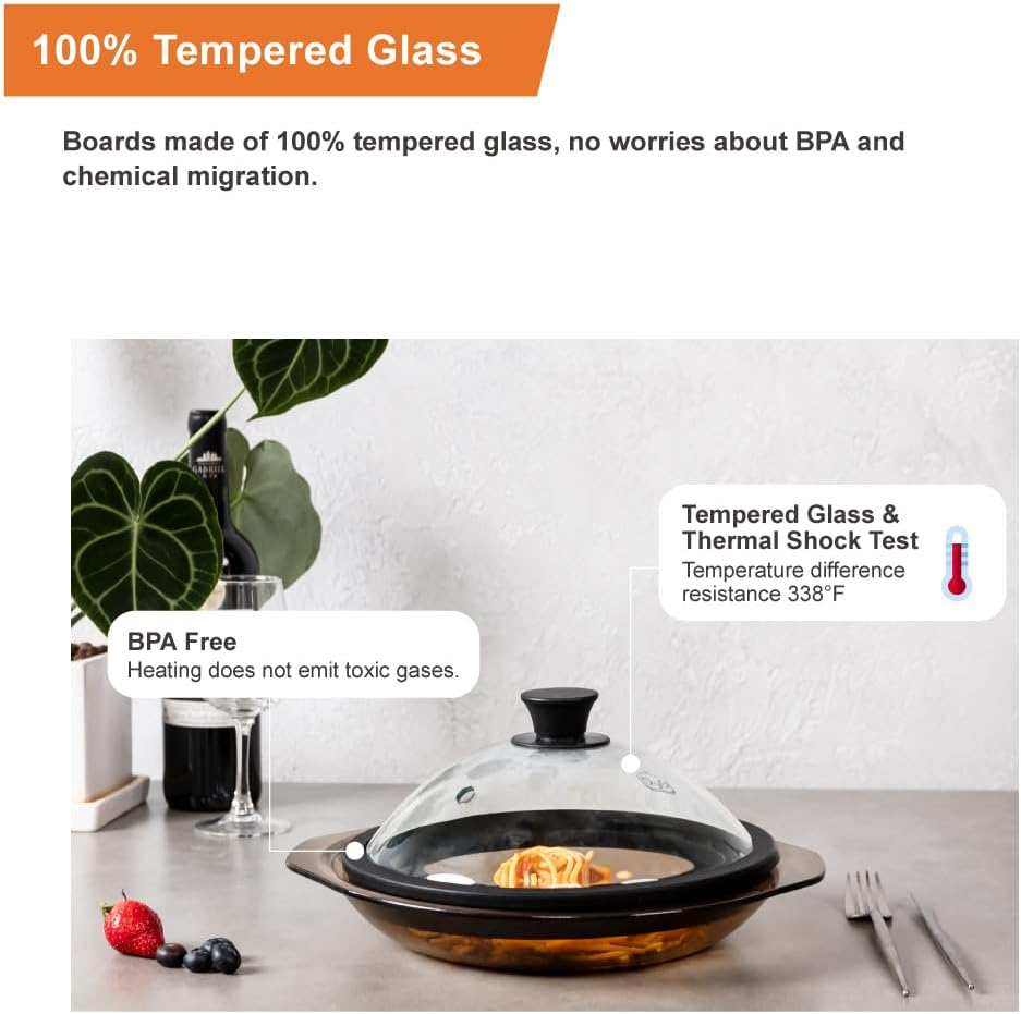 OEC Vented Splatter Guard Microwave Glass Cover with Easy-Grip Handle - 100% Food Grade Tempered Glass & BPA Free Silicone Rim. Compatible with Plates, Bowls and Meal Prep Containers, Dishwasher Safe