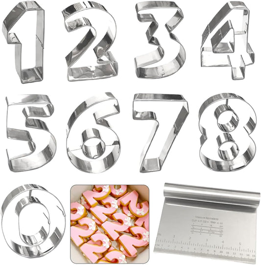 Number Cookie Cutters Shapes 9pcs, Sturdy Basic Biscuit Cutters Set with Dough Cutter, Metal Birthday Cookie Cutters for Holiday Baking Decorating