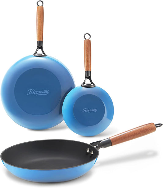 KITESSENSU Enameled Cast Iron Skillets - Non Stick Frying Pans Set with Durable Wooden Handle - 8&10&12 In Titanium Cast Iron Pans for Multi-Cooking - Pre Seasoned Cookware Set - Gradual Cobalt Blue