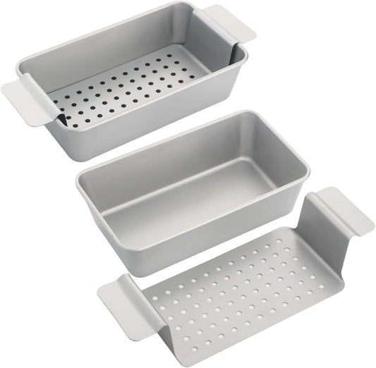 Meat Loaf Pan with Drip Tray, Meatloaf Pan 2LB, 2-Set Meatloaf Pan with Drain Tray Nonstick, Large Rectangular Pans for Baking Bread, Meat and Draining Grease Off, Oven Safe, Silver