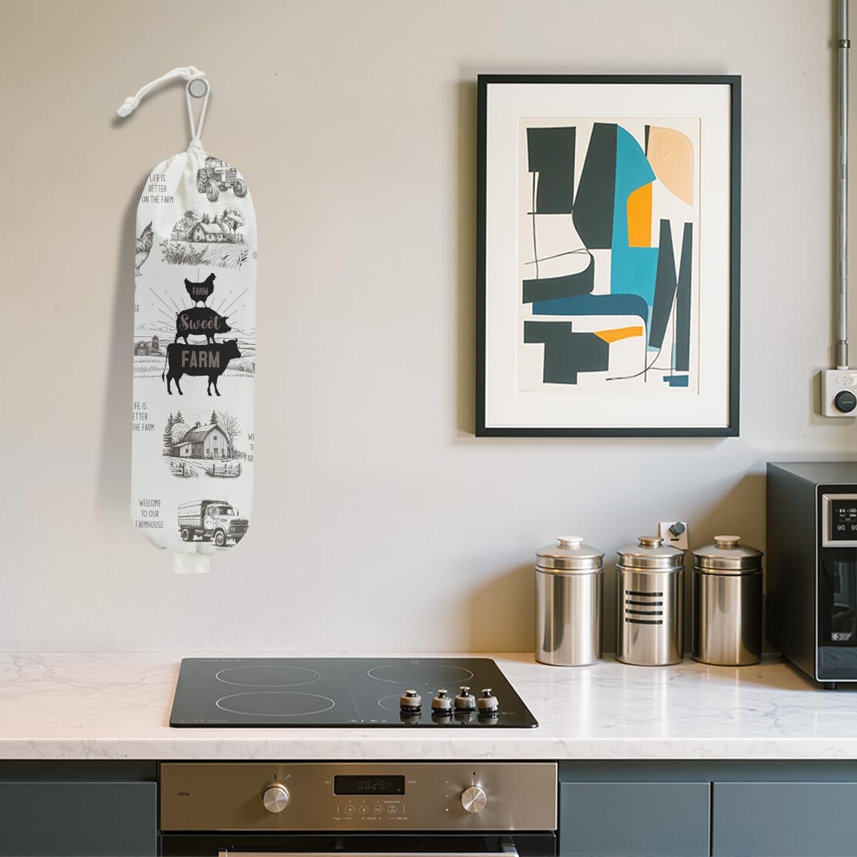 Rustic Sweet Farm Plastic Bag Holder for Kitchen Essentials, Wall Mount Grocery Bag Holder for Plastic Bags, Cow Pig Chicken Reusable Grocery Bags Storage Dispenser for Home Kitchen Farmhouse