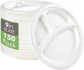 Vplus 100% Compostable Paper Plates, 150 Pack 9 Inch 3 Compartment Plates Disposable, Heavy Duty Biodegradable Plates Made of Sugar Cane Fibers, for Daily meals, Dinner, Parties, BBQ