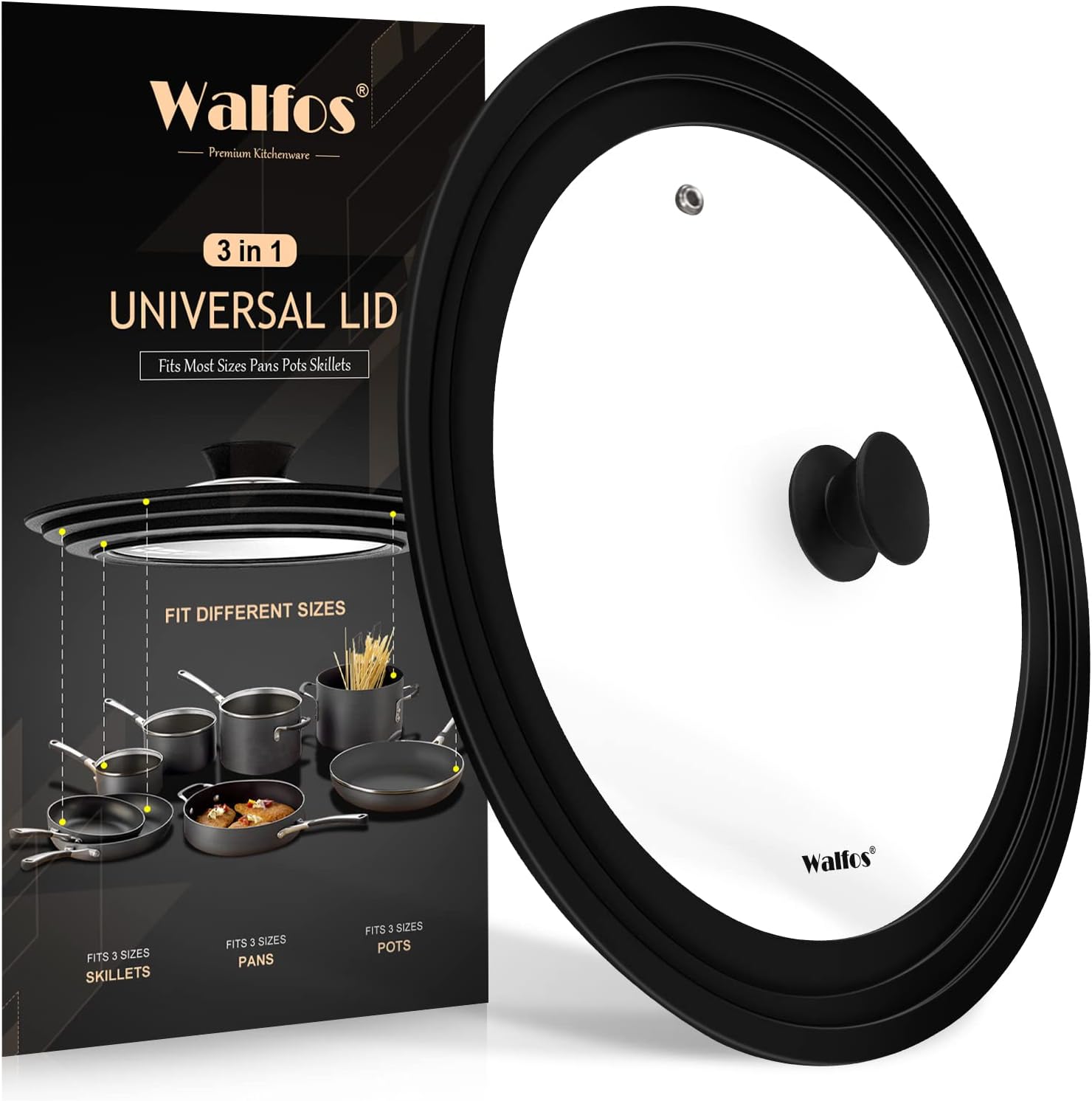 Universal Lid for Pots, Pans and Skillets - Walfos Tempered Glass Pan Lid with Heat Resistant Silicone Rim, Multi-Sizes BPA Free Pot Lids Fits 8", 9" and 9.5" Diameter Cookware, Dishwasher-Safe, Black