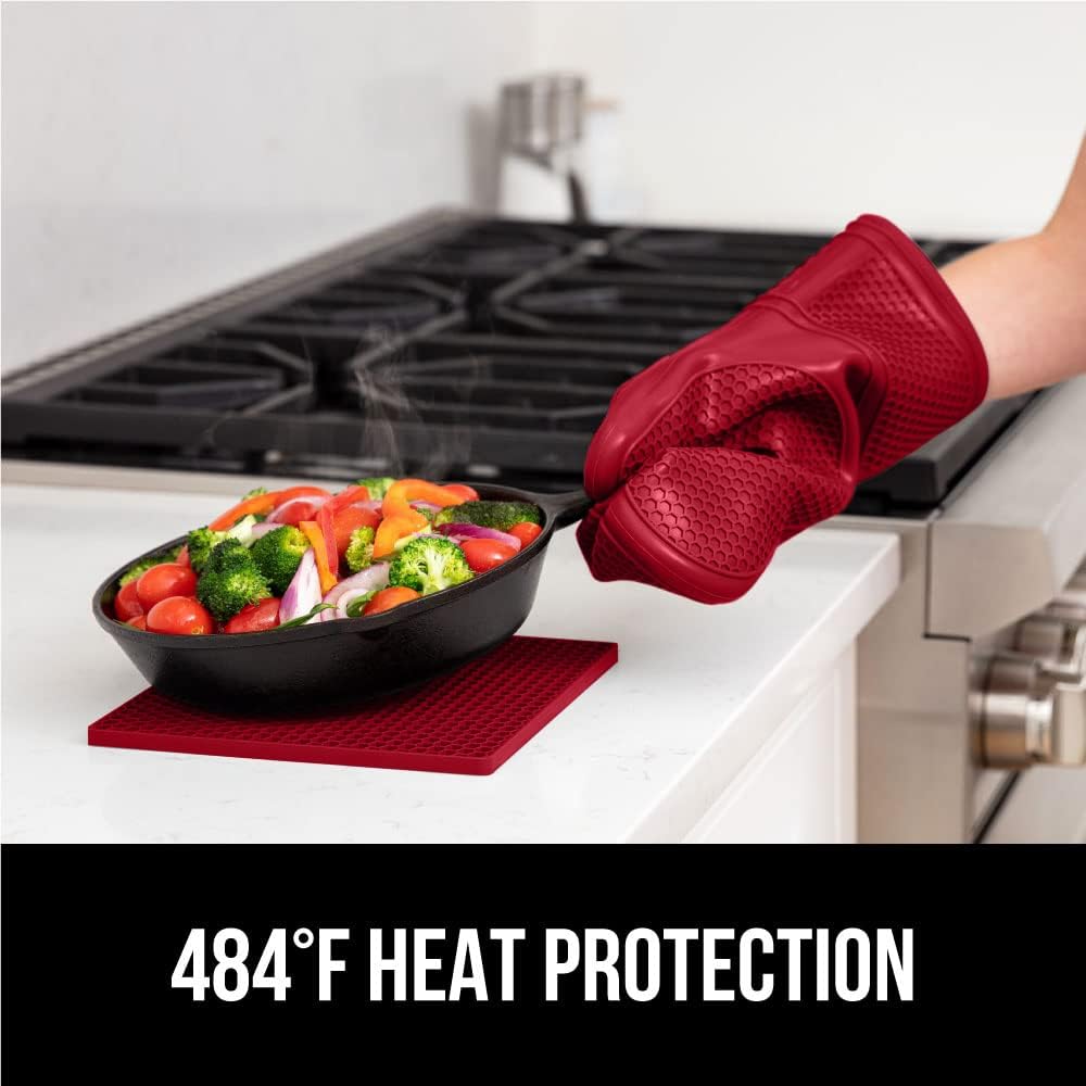 GORILLA GRIP BPA-Free Soft Silicone Oven Mitts and Pot Holders Sets of 4, Heat Resistant Waterproof Cooking Gloves, Thick Cotton Lining, Flexible Gripping for Baking Grilling, Kitchen Trivets, Red