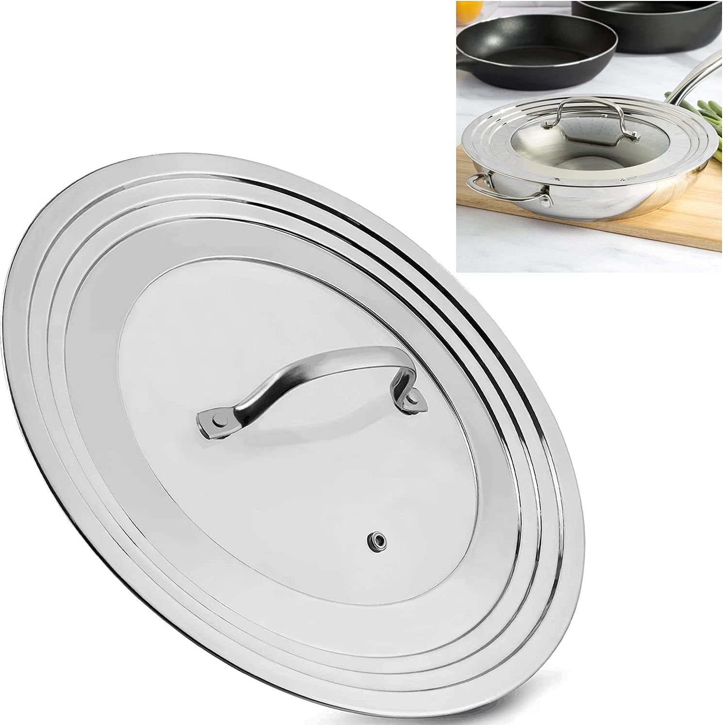 Stainless Steel Universal Lid for Pots, Pans and Skillets - Fits 7" to 12" Pot and Pans - Tempered Glass with Stainless Steel Rim Replacement Frying Pan Cover and Cast Iron Skillet Lid