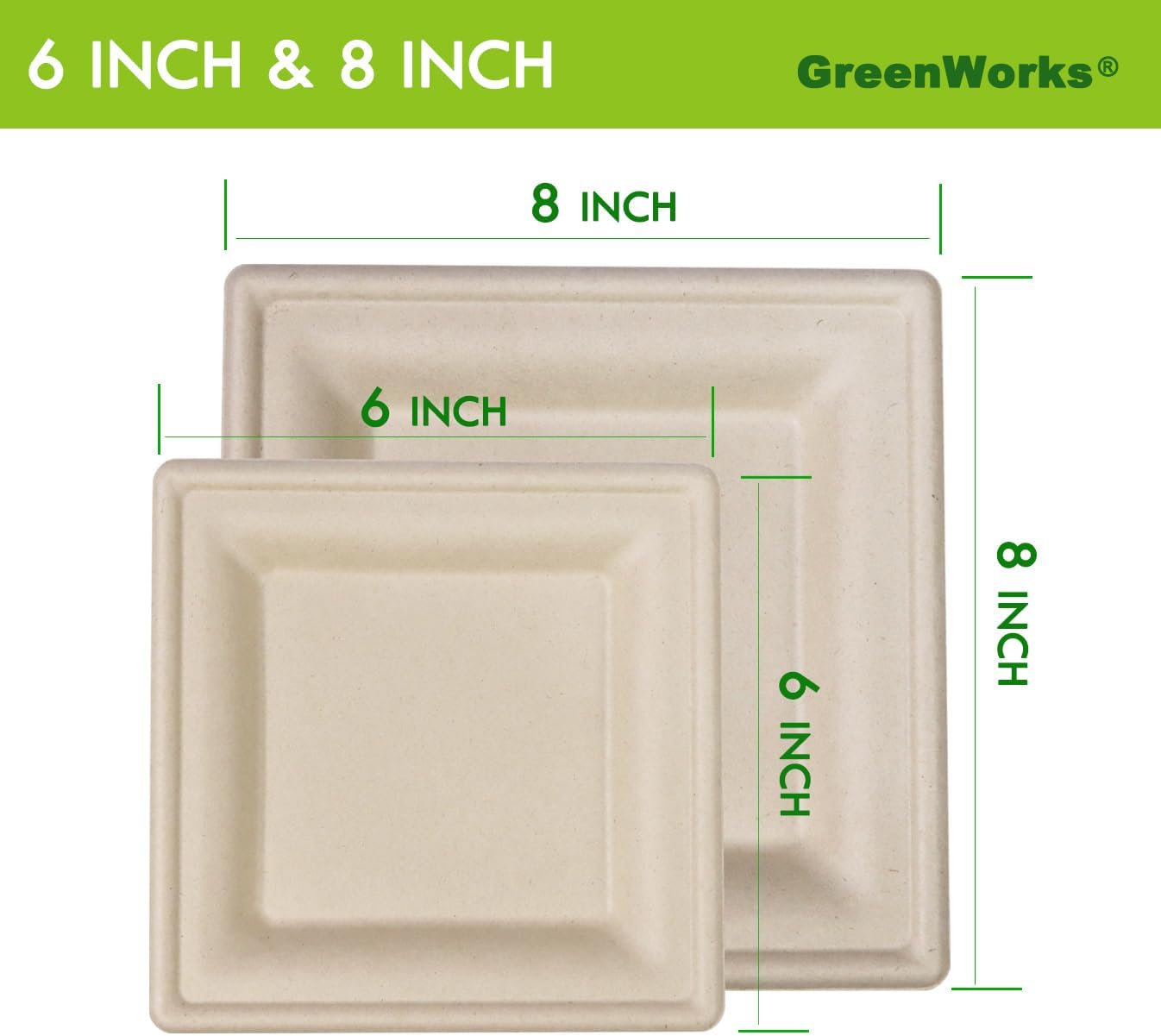 GreenWorks 6 inch and 8 inch Heavy-duty Compostable Plates (each 50 Count), 100 Count Bagasse and Bamboo Fiber Disposable Paper Plates