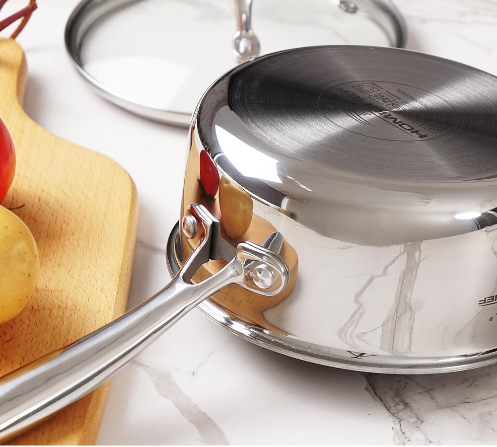 HOMICHEF Mirror Polished NICKEL FREE Stainless Steel 1.5 Quart / 6.5 Inch Sauce Pan with Glass Lid (No Toxic Non Stick Coating, Whole-Clad 3-Ply) Soup Pot Small Cooking Pot