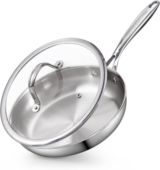 Cooks Standard Stainless Steel Frying Pan with Lid, 12-Inch Multi-Ply Clad Wok Stir Fry Pan, Kitchen Skillet, Silver