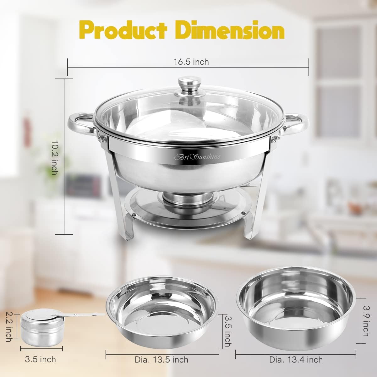 Chafing Dish Buffet Set 4 Packs, 5 QT Stainless Steel Round Chafing Dishes with Glass Lid & Lid Holder, Food Warmer for Parties Buffet Weddings Catering Events