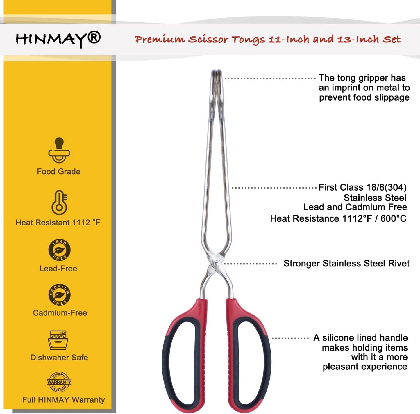 Stainless Steel Scissor Tongs 11-Inch and 13-Inch Set, Set of 2