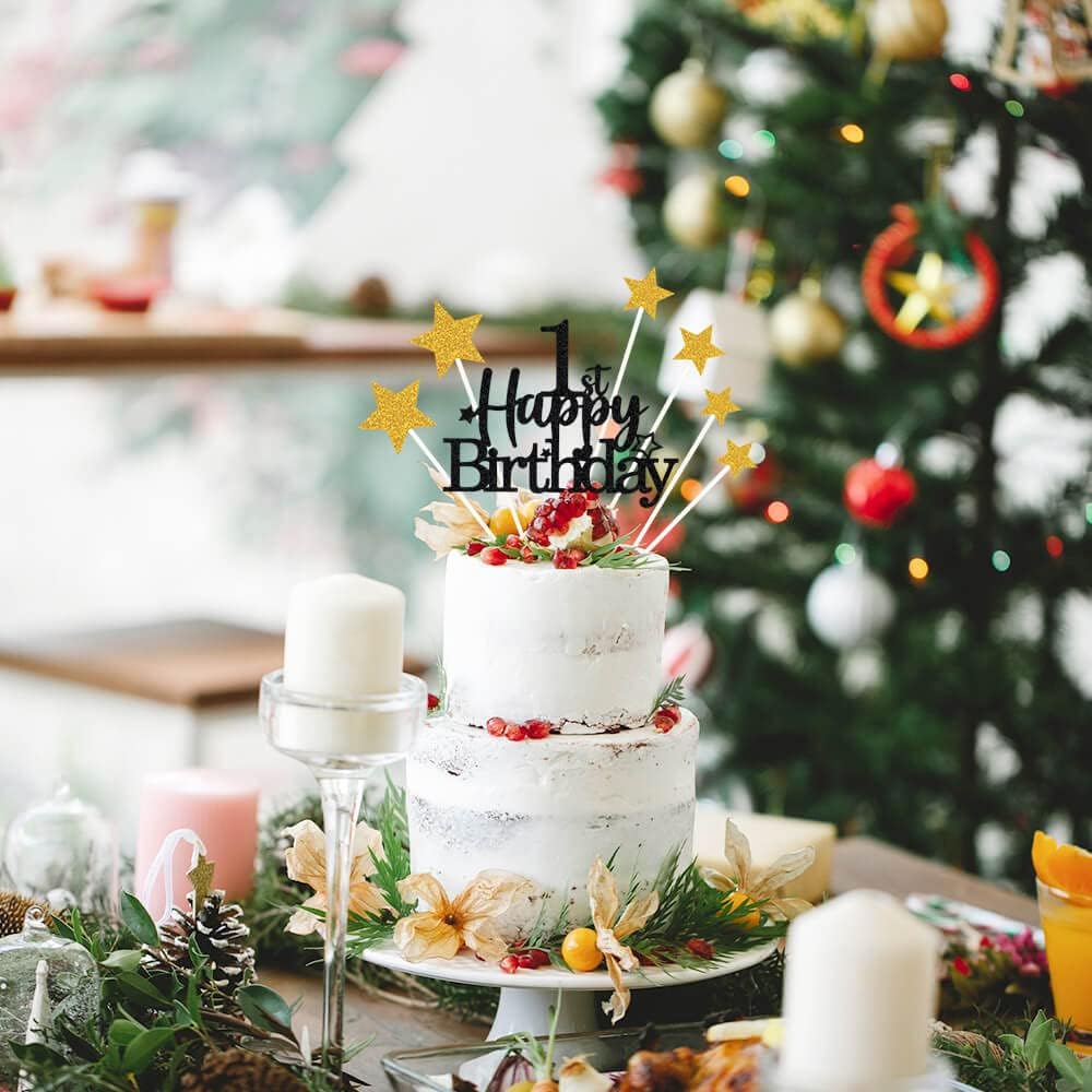 Glittery 1st Happy Birthday Cake Topper with Star,Personalised 1 Birthday Cake Toppers Party Decorations Party Supplies for Baby Boys Girls Black Gold