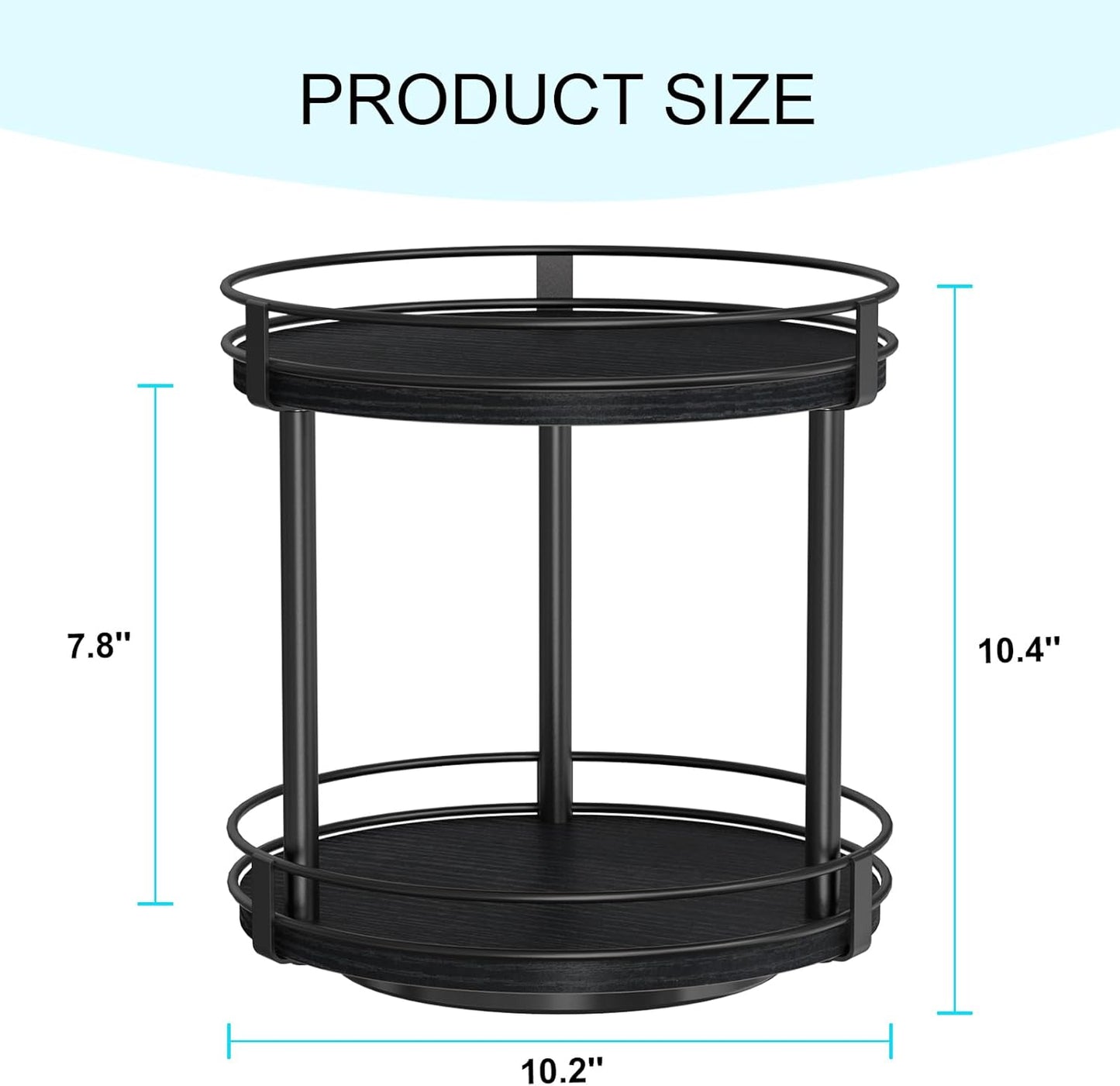 Snughome Lazy Susan Spice Rack, 2 Tier Rotating Spice Rack, Wood Lazy Susan Organizer for Cabinet, Black Kitchen Counter Shelf, 10.2" x 10.2" x 10.4"