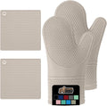 GORILLA GRIP BPA-Free Soft Silicone Oven Mitts and Pot Holders Sets of 4, Heat Resistant Waterproof Cooking Gloves, Thick Cotton Lining, Flexible Gripping for Baking Grilling, Kitchen Trivets, Almond