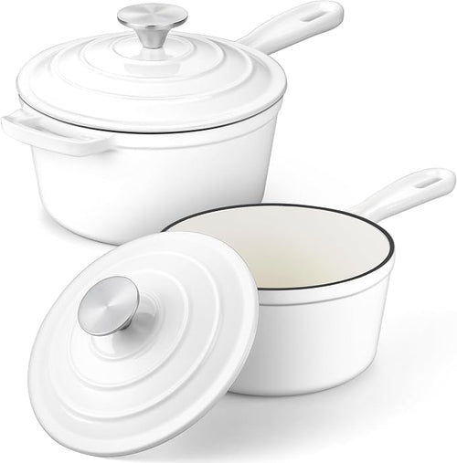 1 Qt & 2 Qt Pots and Pans Set, Leonyo Enameled Cast Iron Saucepan by Leonyo